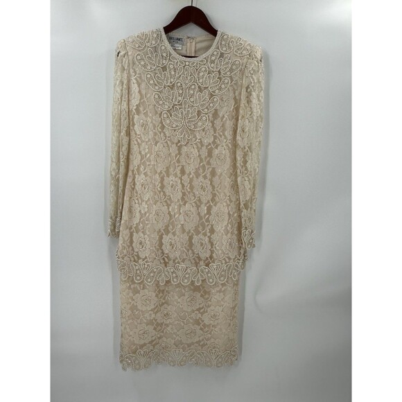 VINTAGE BRILLIANTE by J.A. Silk Beaded  Dress EMBELLISHED PEARL SEQUIN SZ SMALL - Picture 4 of 11